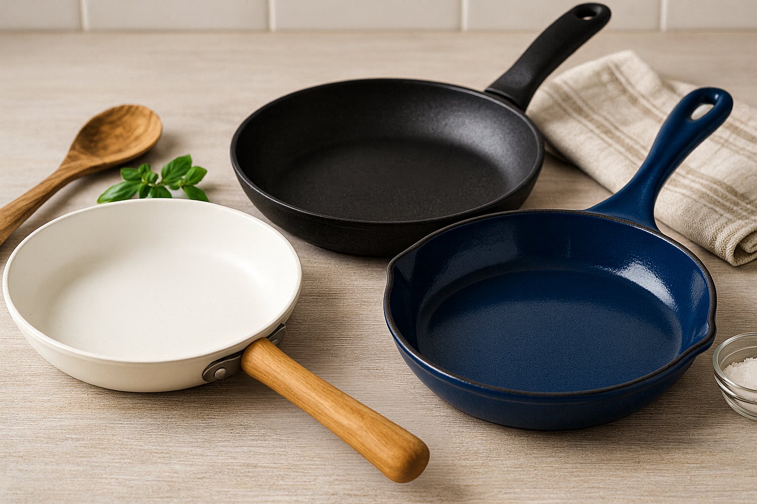 코팅팬 유해성 비교용 대표 이미지로, 검정 테플론 팬·화이트 세라믹 팬·네이비 법랑 팬을 연출한 가로형 실사 스타일 사진