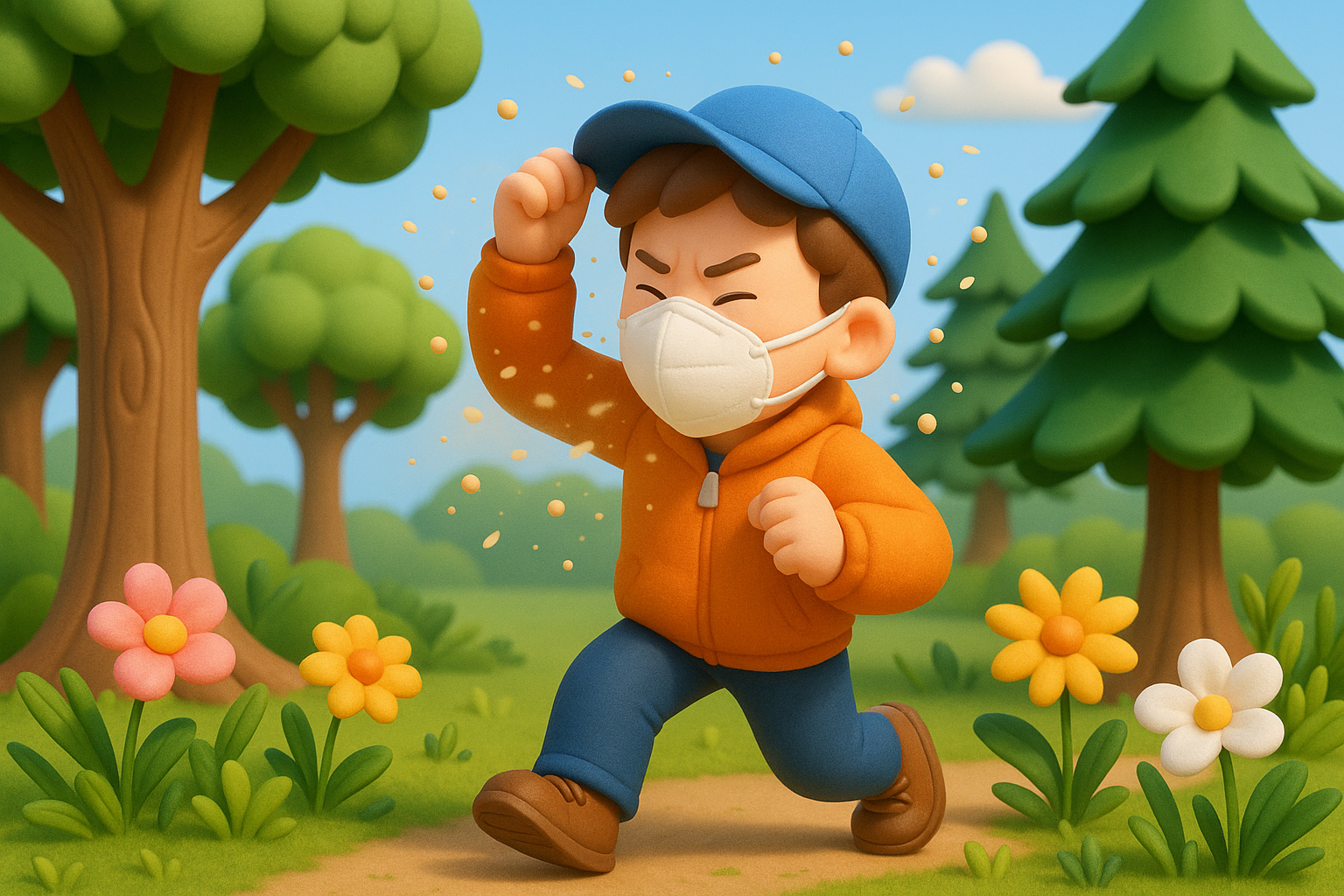 봄철 꽃가루 알레르기 속에서도 산책을 즐기는 모습을 3D 스타일로 표현한 이미지로, 마스크를 착용한 캐릭터가 참나무와 소나무가 있는 숲길을 걷고 있으며 주변에는 다양한 봄꽃과 꽃가루가 날리는 장면을 담고 있습니다.