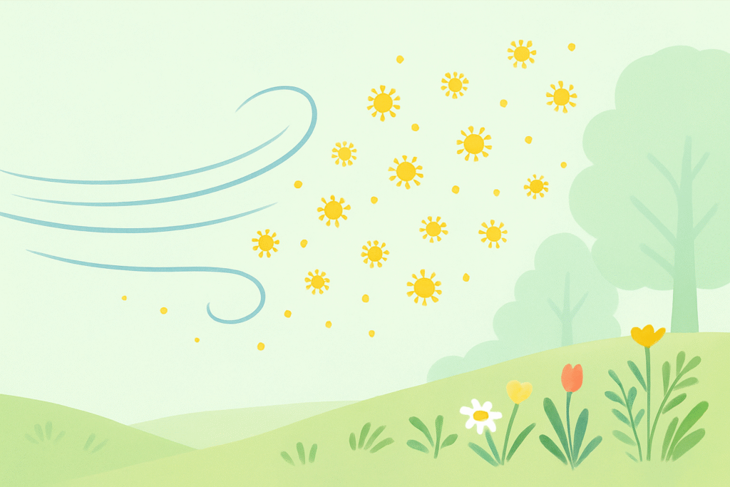 봄철 꽃가루 알레르기가 바람을 통해 퍼지는 모습을 파스텔 톤으로 표현한 일러스트로, 부드러운 바람 라인과 공기 중에 떠다니는 꽃가루, 초원과 들꽃이 있는 봄 배경을 담은 이미지입니다.