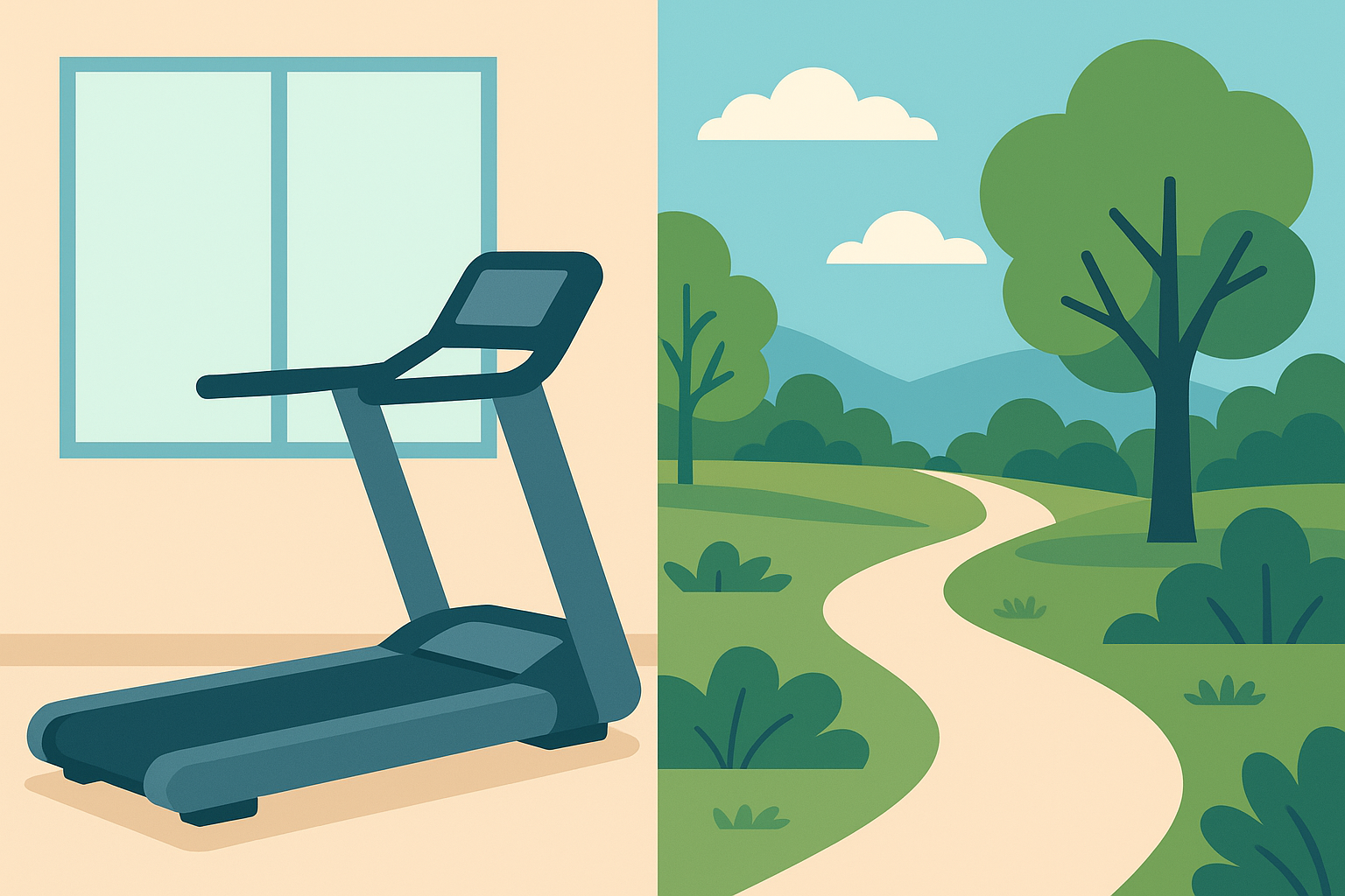 실내 러닝머신과 자연 속 산책길을 대비해 산책의 심리적 효과를 나타낸 벡터 스타일 일러스트입니다.